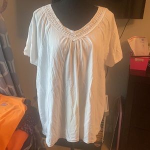 J.Jill 2X White Short Sleeve Detailed V-Neck Top
